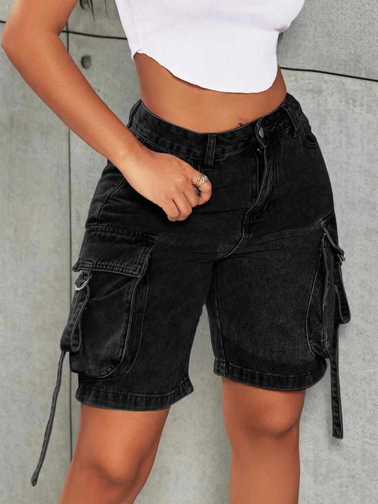 Rose Beauty A Y2K Street High Waist Flap Pocket Tape Detail Work Cargo Denim Bermuda Wide Leg Jean Shorts Summer Comfy Trendy Jorts