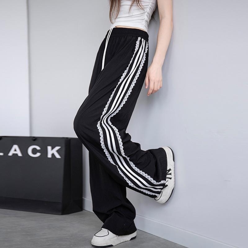 Lace striped sweatpants women's autumn new loose wide-leg straight casual quick-drying black wide-leg pants