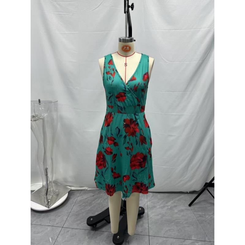Fashion Elegant V-Neck Sleeveless Printed Dress Spring Summer Pockets Women Casual Simple A-line Party Dresses Female Sweet Office Loose Clothing