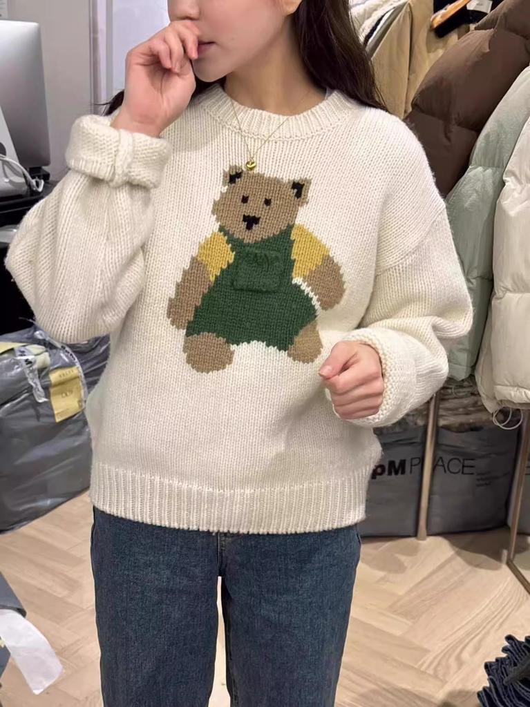 Korean Dongdaemun Cute Bear Pattern Loose Knit Sweater Coat for Women