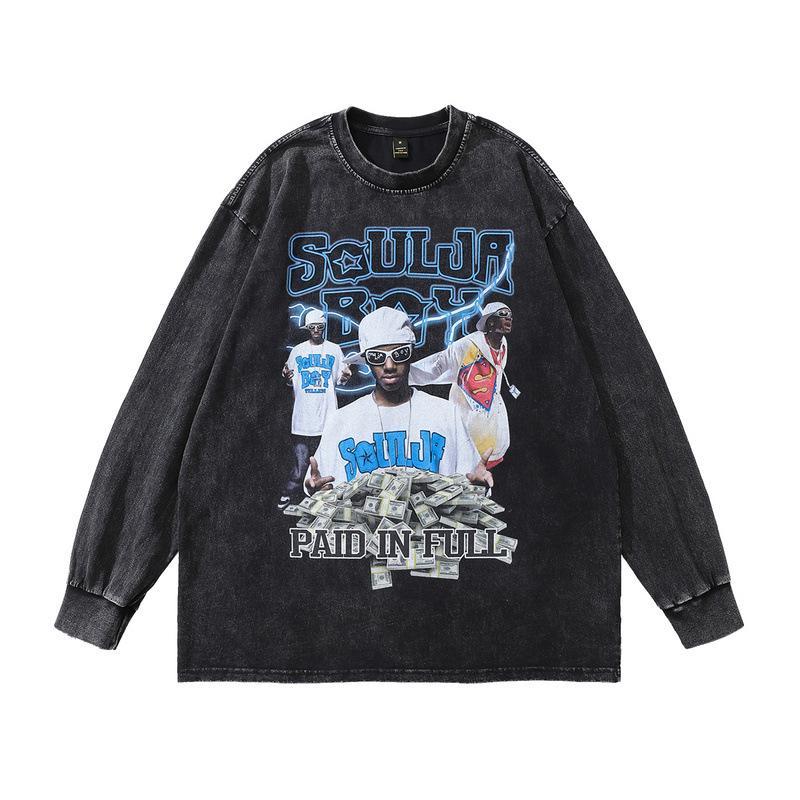 Hip Hop Rap Portrait Print Long Sleeve T-Shirt Autumn Retro Fried Color Men'S Crew Neck Sweater