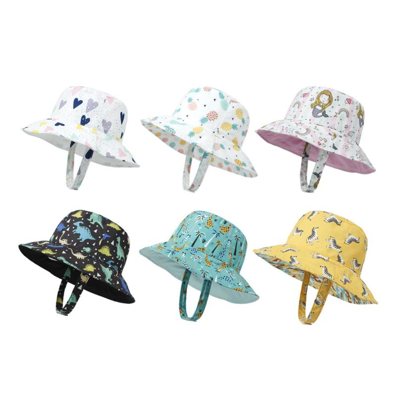 

Sun Hat Cartoon Printing Sun Protection Toddler Bucket Hat Summer Reversible Fishing Cap Dinosaur S 46cm
