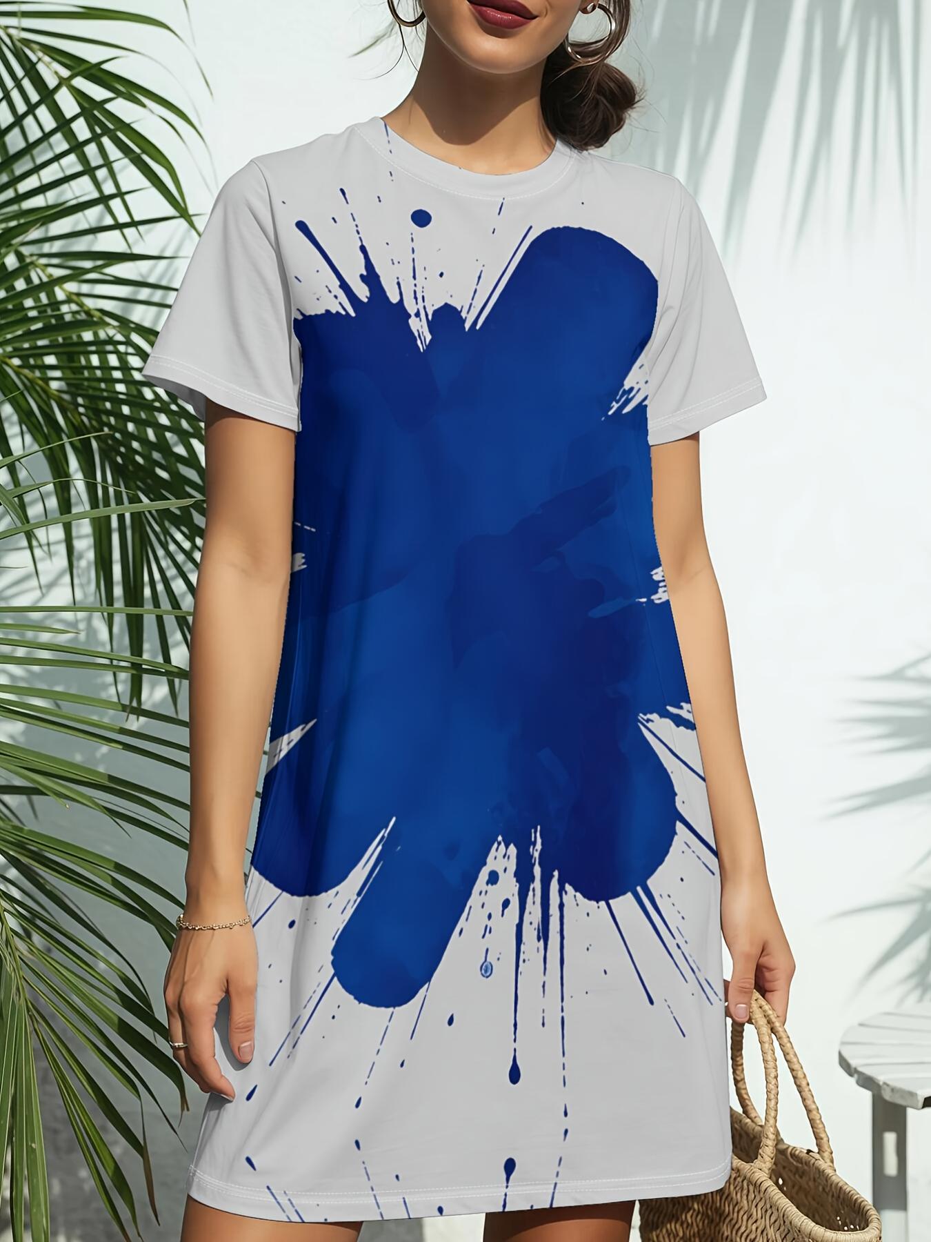 

Blue Ink New Women S Round Neck Short Sleeve T-Shirt Dress. American Style Trendy Digital Print. Casual And Versatile for Spring And Summer. Elegant A M дубильная кора