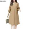 ZANZEA Women Casual V-Neck Loose 3/4 Sleeve Dress