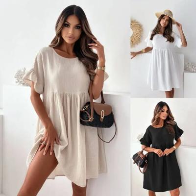 Women's Temperament and Fashion New Round Neck Short Sleeved Loose Pleated Solid Color Dress
