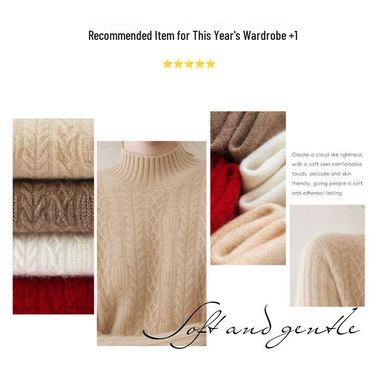 Women's Thick Cable Knit Cashmere Sweater - Half-High Neck, Long Sleeve, Solid Color Loose Fit for Fall and Winter Layering.