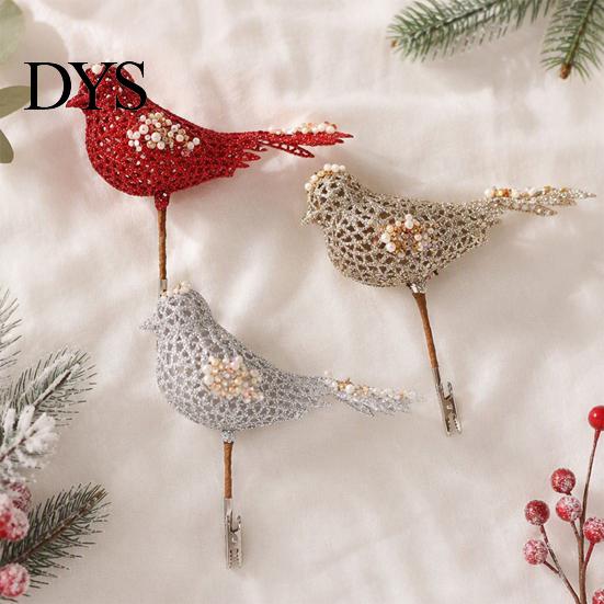 Gold Silver Red Bird Tree Ornaments Glitter Christmas Ornament with Metal Clip for Decoration, Sparkling Tabletop Floral Decor Figurine, Sequins