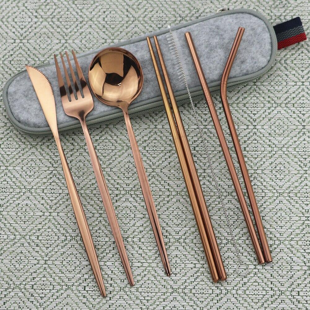 8pcs Black Dinnerware Set Travel Cutlery Set Camping Dinner Set Stainless Steel Tableware Set with Straw Brush Chopsticks Portable Case