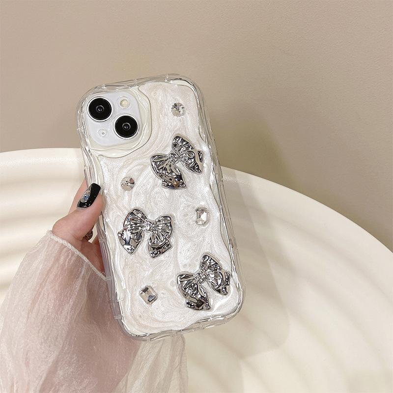 

Electroplated Silver Bow Love Phone Case for Apple 17 Promax All-Inclusive for IPhone 16 Rhinestone Ins For iPhone 7/8/SE 2020