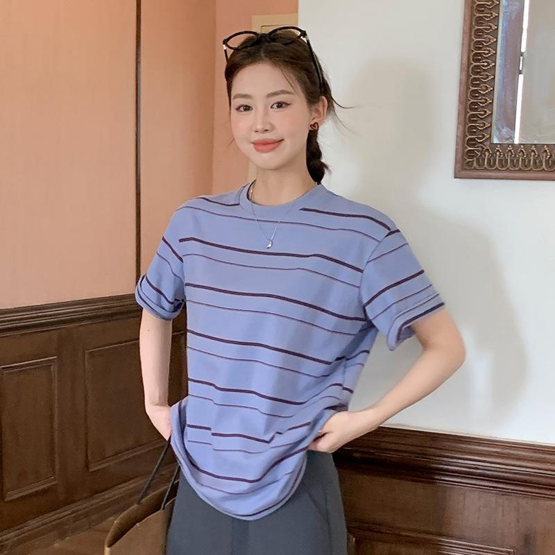 Retro Round Neck Striped Short-sleeved T-shirt for Women In Summer New Design Niche Loose Casual Top for Women