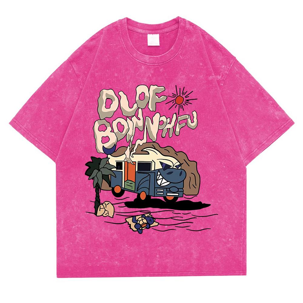 Interesting Cartoon Bus Printing Washed Retro Snow Male Tshirt Oversized Loose T Shirts Cotton Breathable T-Shirts