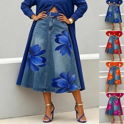 Damen Lässiger Jeansrock mit Blumendruck Mittellanger A-Linien-Jeansrock mit Blumenmuster für Sommer-Mode