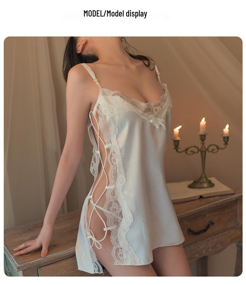 Schickes Sexy Neckholder-Nachthemd mit Schlitz - Offener Rücken, Kunstseide, Übergröße