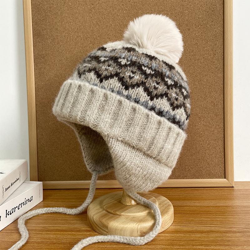 Korean Style Woolen Hat for Women with Retro Pattern Autumn and Winter Thickened Warm Ear Protection Straps Cute Fur Ball Knitted Lei Feng Hat