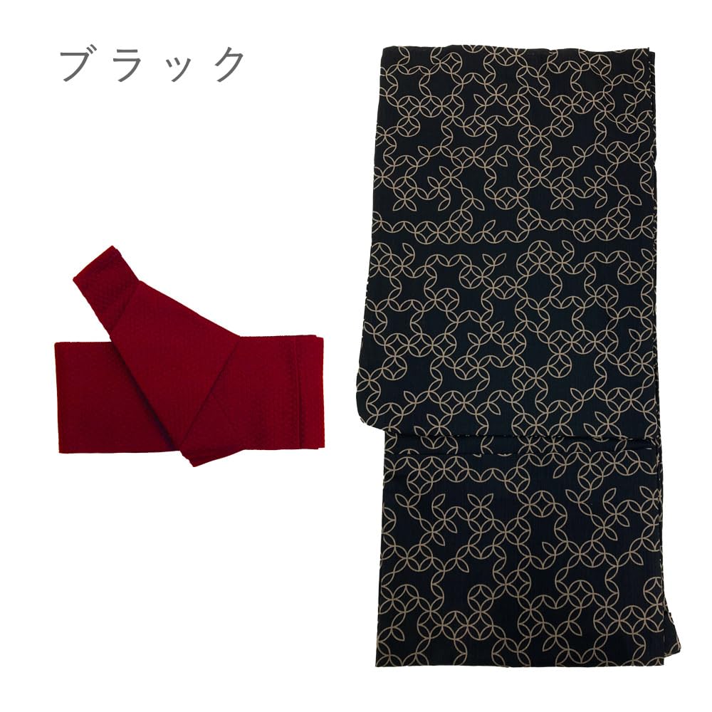 Kimono Yukata Set of 2 Pieces Cotton Square Obi Kimono Takigagare Navy Black [Kyoto Yuzen] Men's One-touch Men's Cloisonné (Black, LL)