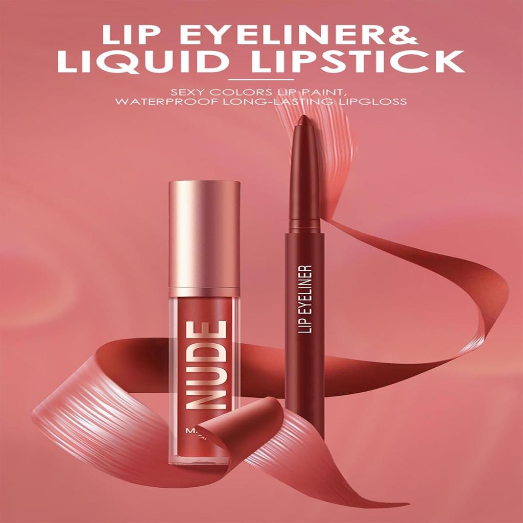 Nude Lipstick and Lip Liner Set - Long-Lasting Waterproof Lip Stain - Highly Pigmented Makeup Kit for Daily and Holiday Gifts - Non-Sticky Formula