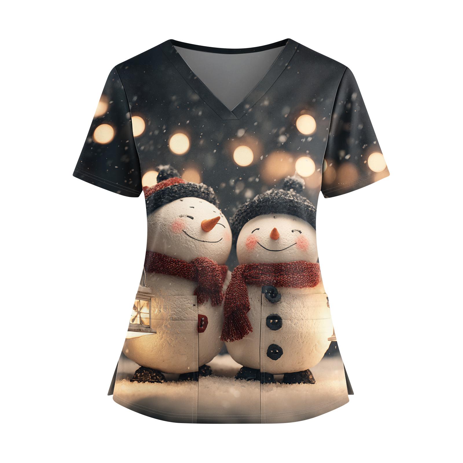 

Женский рождественский топ с принтом, V-образным вырезом, двумя карманами, короткими рукавами, разрезом по подолу, униформа для сиделки XXL белый