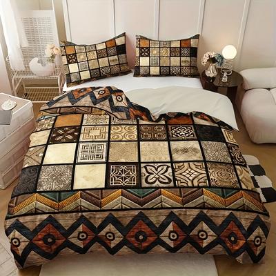 3-delige Retro Tribale Geometrische Patchwork Dekbedovertrek Set, HD Print All Season Beddengoed met Kussenslopen voor Thuis Slaapzaal Decor