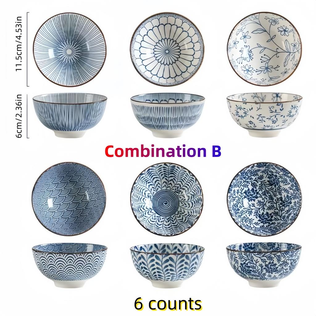 Japanese - Style Blue and White Hand - Painted 4.5 - Inch Ceramic Bowl, Retro - Style Rice Bowl for Home Use.