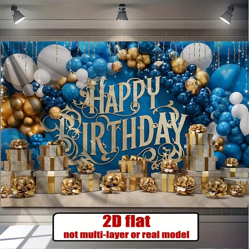 2D Alles Gute zum Geburtstag Hintergrundtuch Blaue Goldene Luftballons und Geschenke Wanddeko