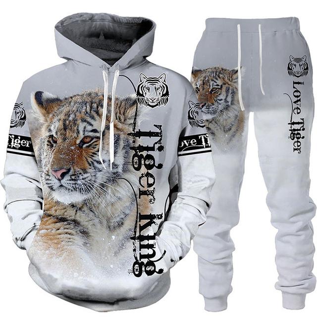 Animal 3D Print Men Hoodie Set Lion All Over Tracksuits Men Fashion Cool Hoodie Pants 2 Pcs Suit Personality Women Sweatershirt