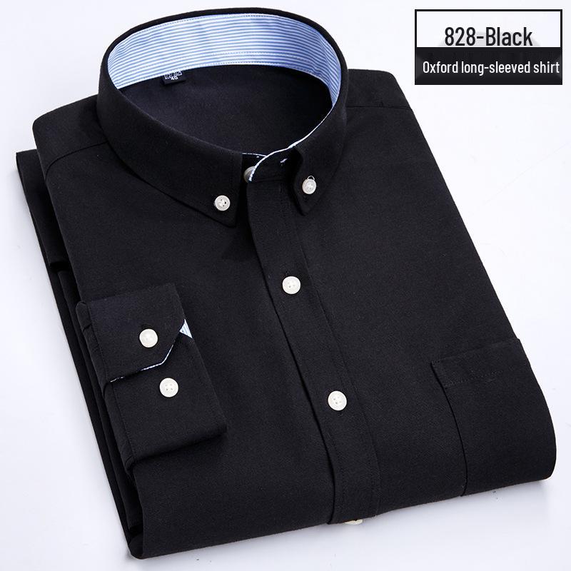 Men's Oxford Cloth Button-Down Shirt - All-Season, Long-Sleeved, Contrast Collar, Casual Cardigan Style for Middle-Aged and Elderly