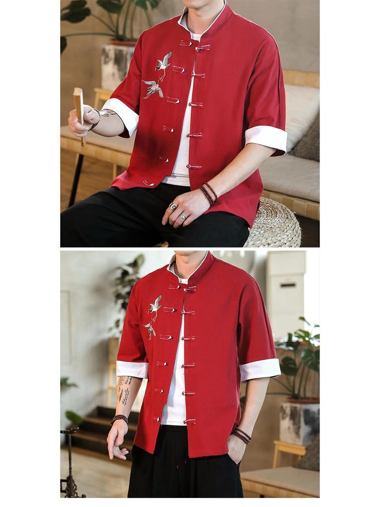 Spring/Summer 2020 Men's Cotton Linen Embroidered Seven-Sleeve Shirt with Frog Buttons - Retro Hanfu Style