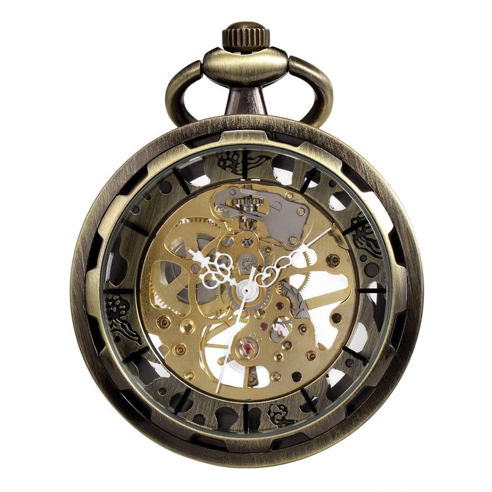TREEWETO Pocket Watch Hand Wind Antique Mechanical Skeleton Chain Men's Bronze
