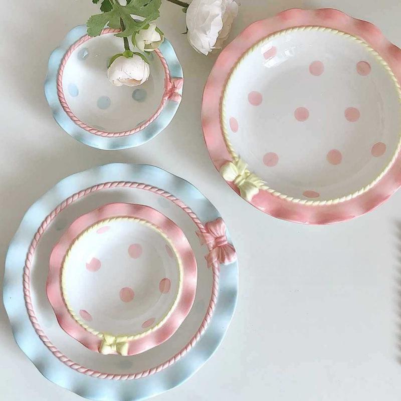Keramikgeschirr-Set im koreanischen Stil: Punkte Schleife - Niedliche Reisschalen & Tiefe Teller