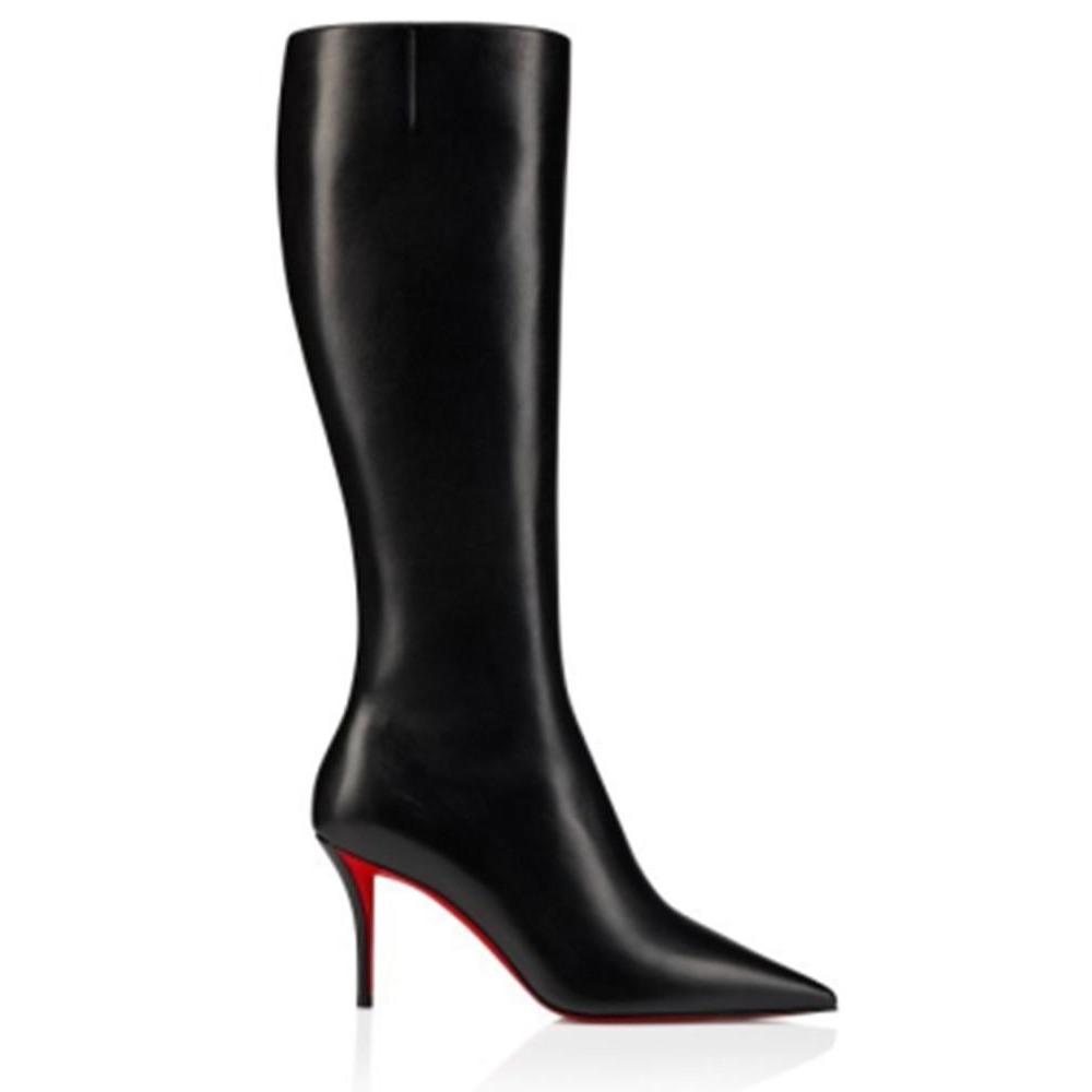 Herbst und Winter Damen Weidennagel Schlanker Absatz Stiefel Mode Roter Boden Spitze Seitlicher Reißverschluss Hoher Schaft Damen Kniehohe Stiefel