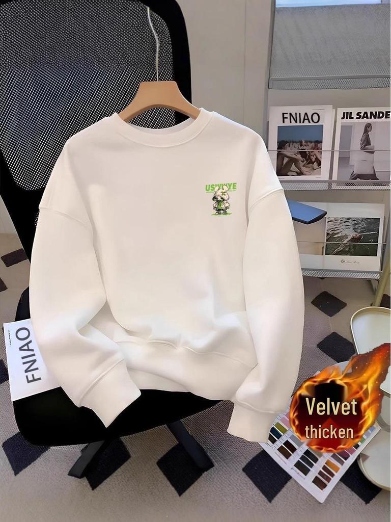 Men's Fleece-Lined Long Sleeve Round Neck Hoodie - Autumn 2025 American Style Heavyweight Pullover