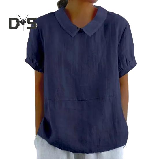 

Женская повседневная рубашка с отложным воротником, короткий рукав, однотонная свободная футболка, летняя футболка, повседневная одежда XXXL темно-синий