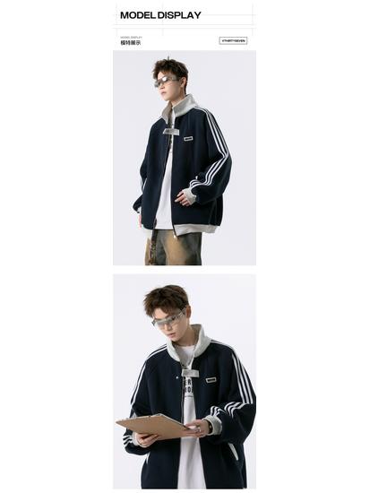 American Trendy Striped Baseball Jacket - Unisex Autumn/Winter Heavyweight Sportswear for Teens with Patchwork Design