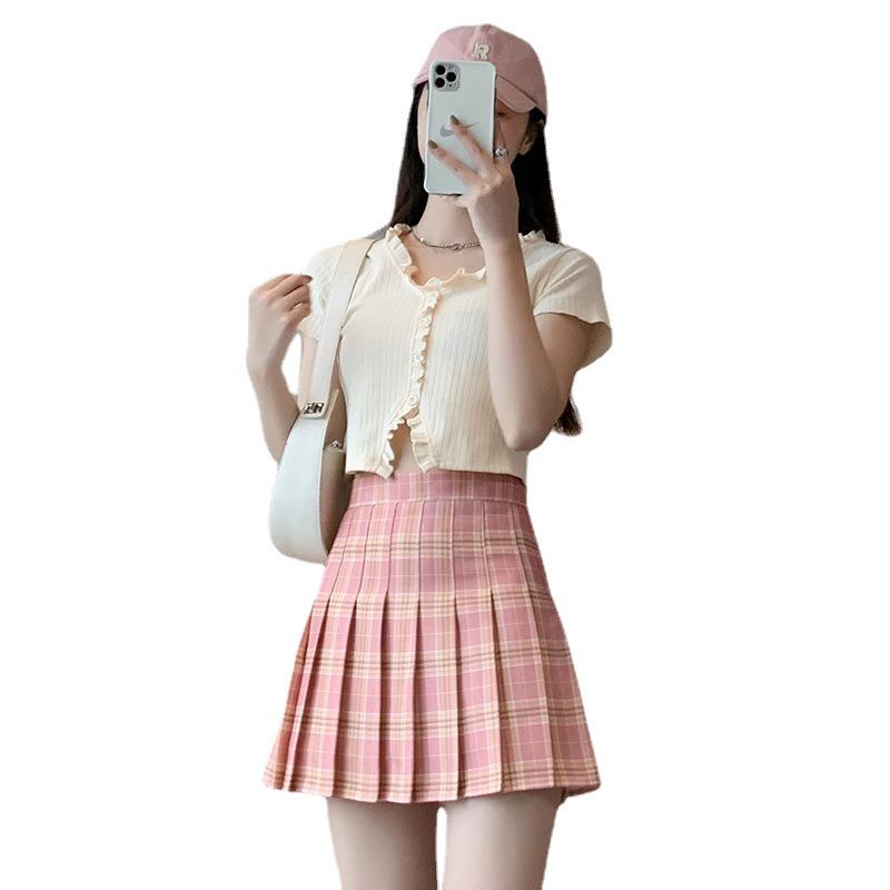 Spring 2025 Women's High Waist Plaid Pleated Skirt - Black A-Line Slimming College Style