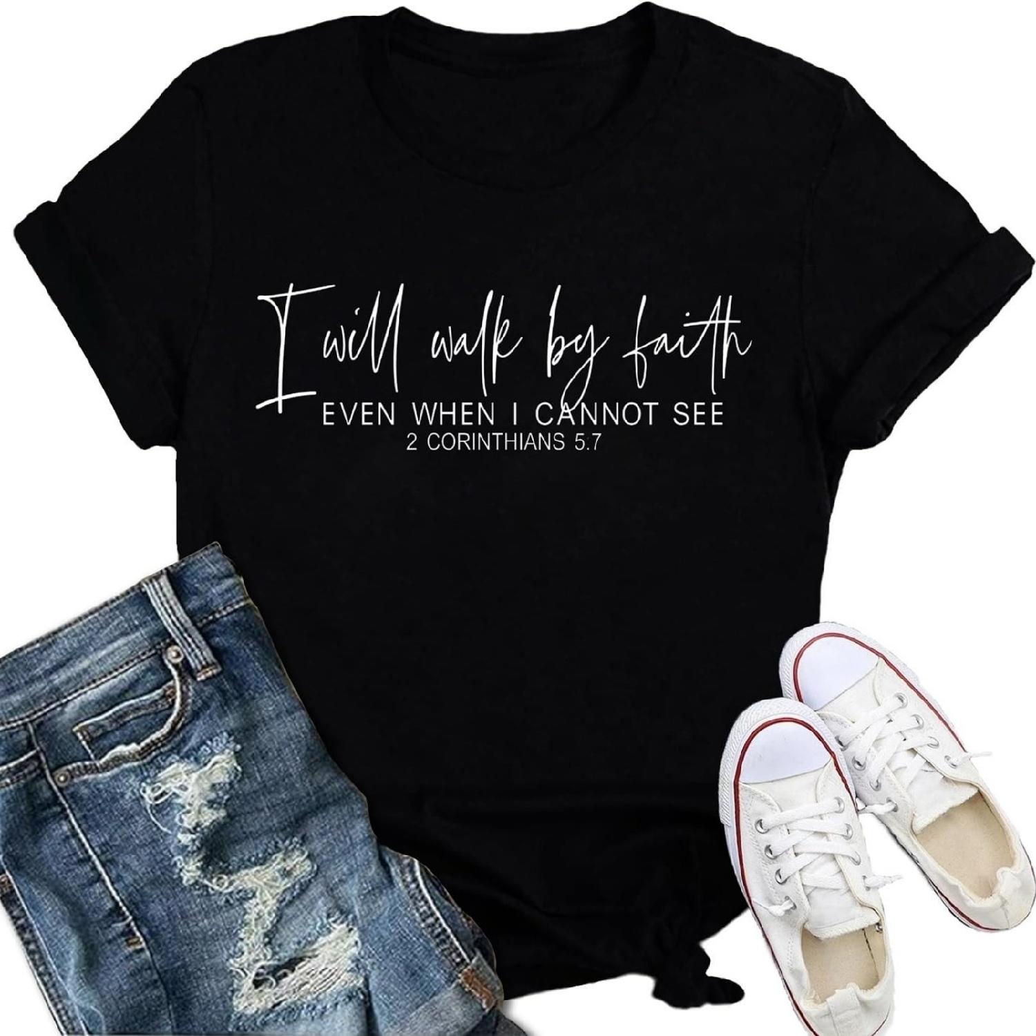 Christian Shirt for Women I Will Walk by Faith T-Shirt Letter Print Inspirational Religious Short Sleeve Tee Tops S