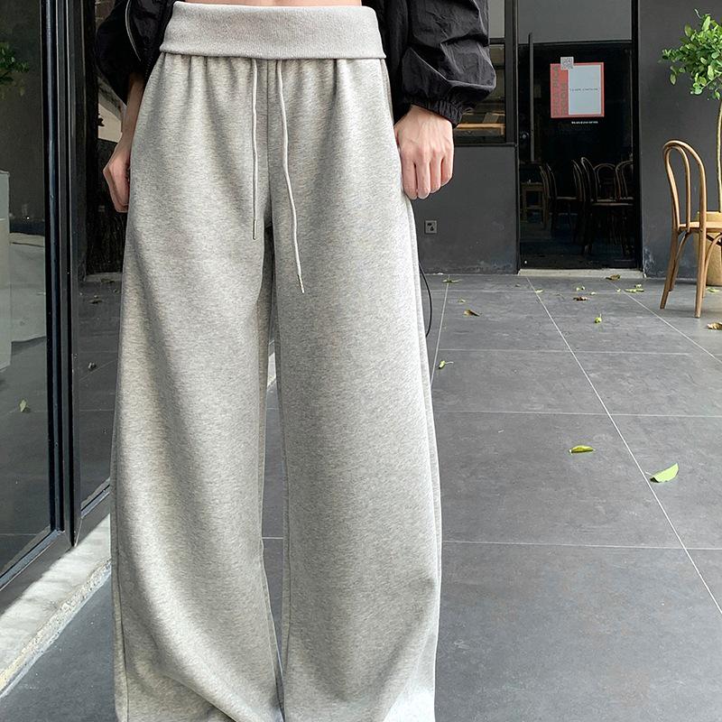 Women's 2025 Early Autumn Wide-Leg Drawstring Pants - Solid Color, Loose Fit, Casual Style