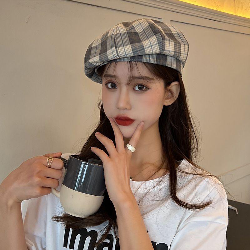 

Trendy Japanese Painter Hat Children Spring and Summer Thin and All-Matching Fresh Checked Beret Casual Octagonal Cap Children Blue Gray lattice M(56-58cm)