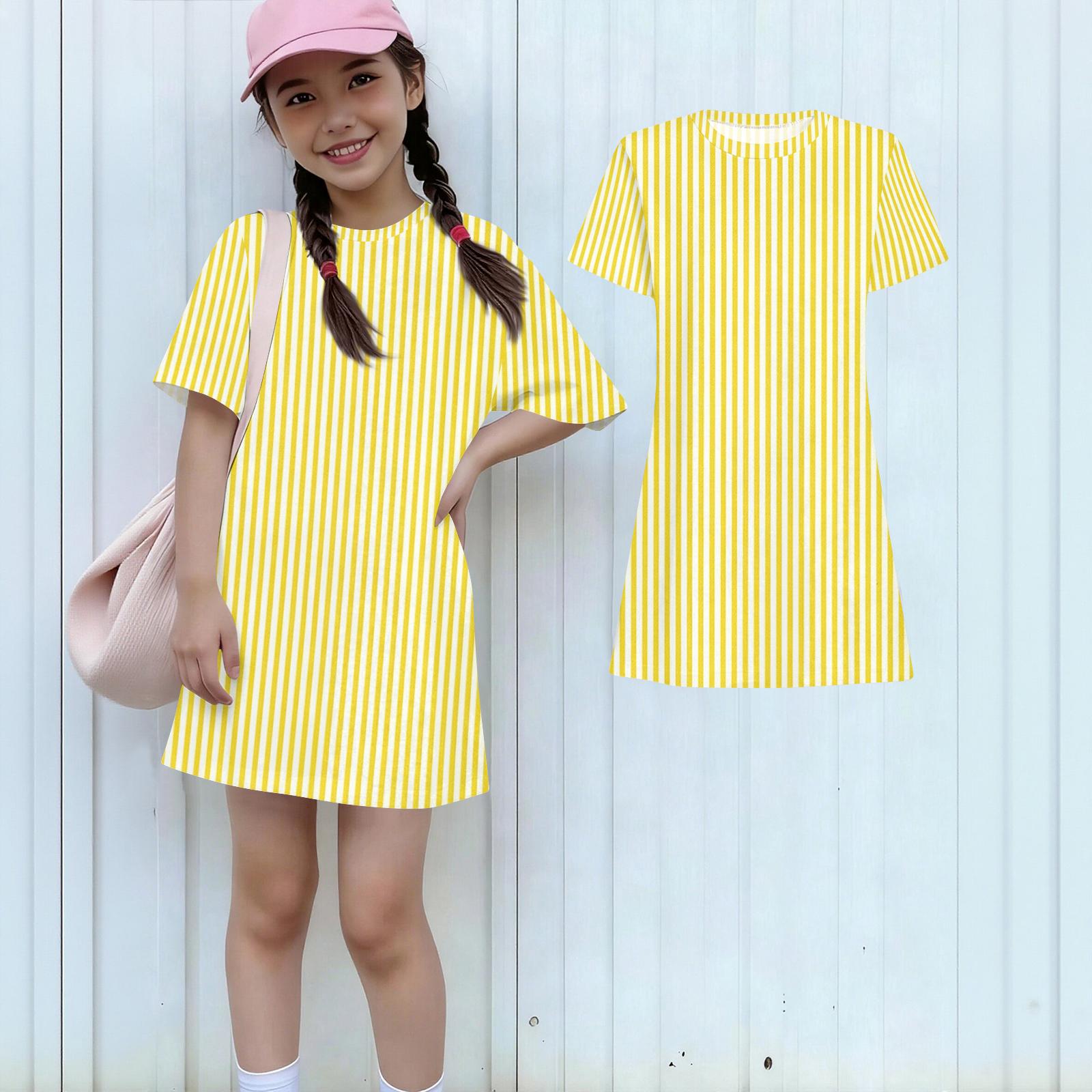 

Girls Print Casual Dress Kids Loose Round Neck Short Sleeve Thin Sundress 160 жовтий