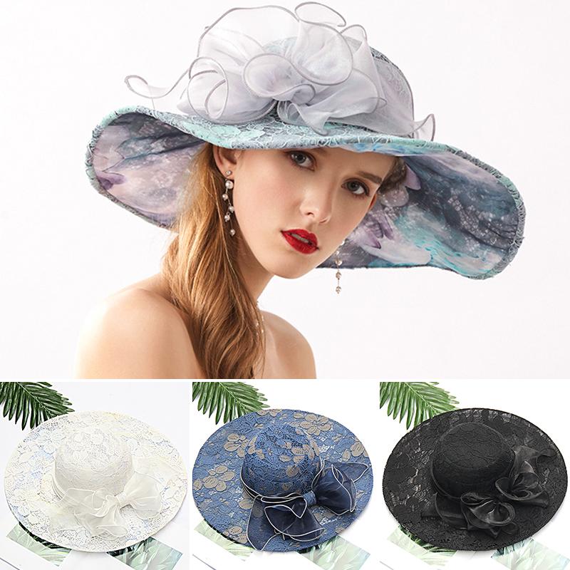 

Summer Church Lace Sun Hat Flower Decor UV Protection Sunscreen Mesh Wide Brim Summer Foldable