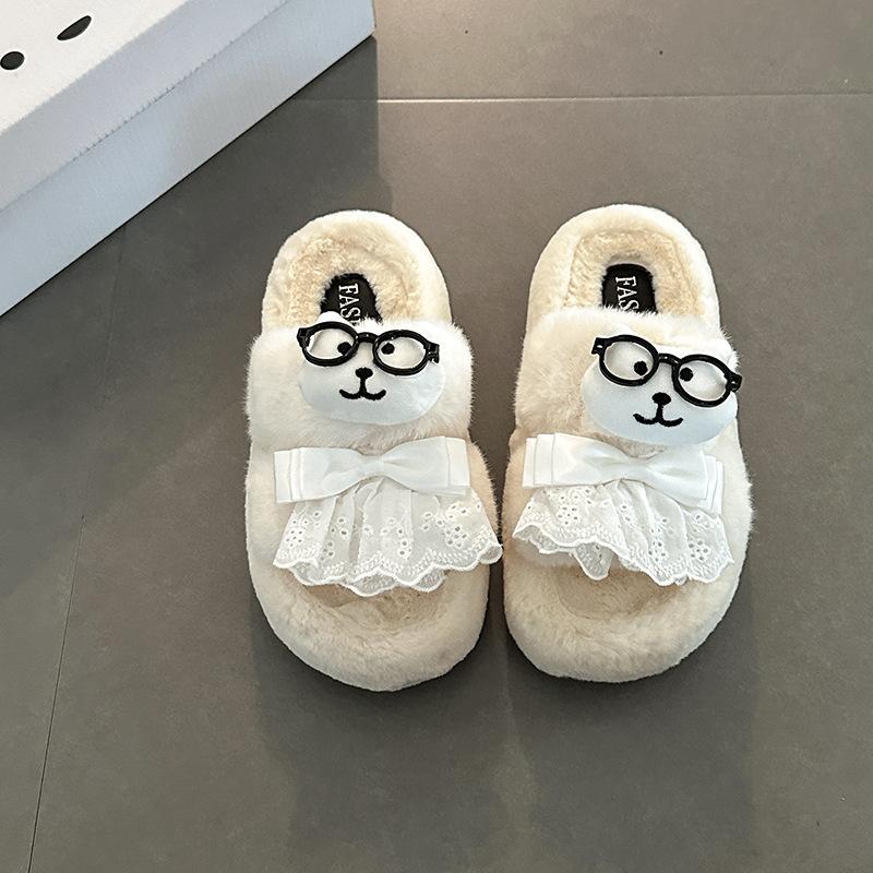 Niche cute cartoon fluffy shoes for women's autumn and winter new thick-soled outer wear warm and height-increasing cotton slippers