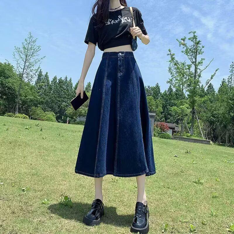 

Женская плиссированная джинсовая миди-юбка на осень 2024 года – с высокой талией, А-силуэта, дизайн «зонт» 3XL темно-синий