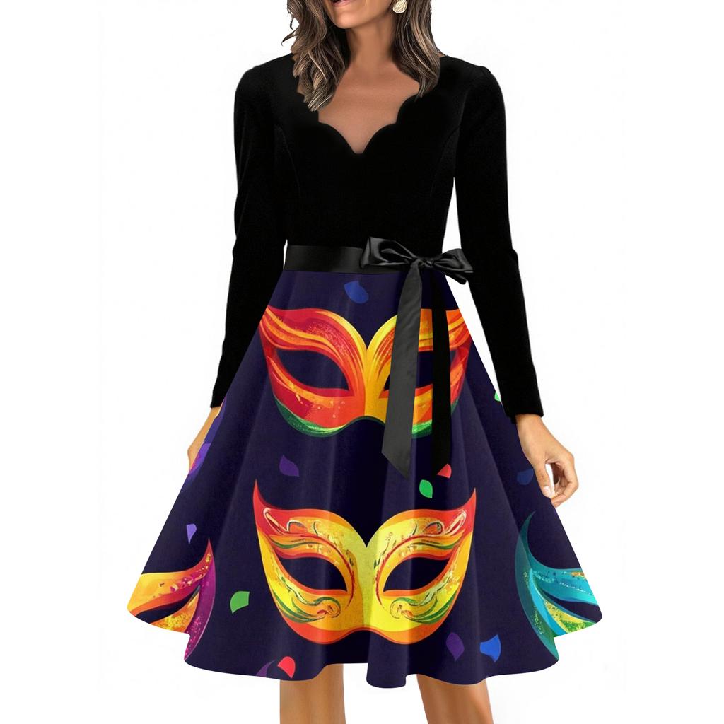 Women's Casual Fashion V Neck Long Sleeve Printed Vintage Long Dress