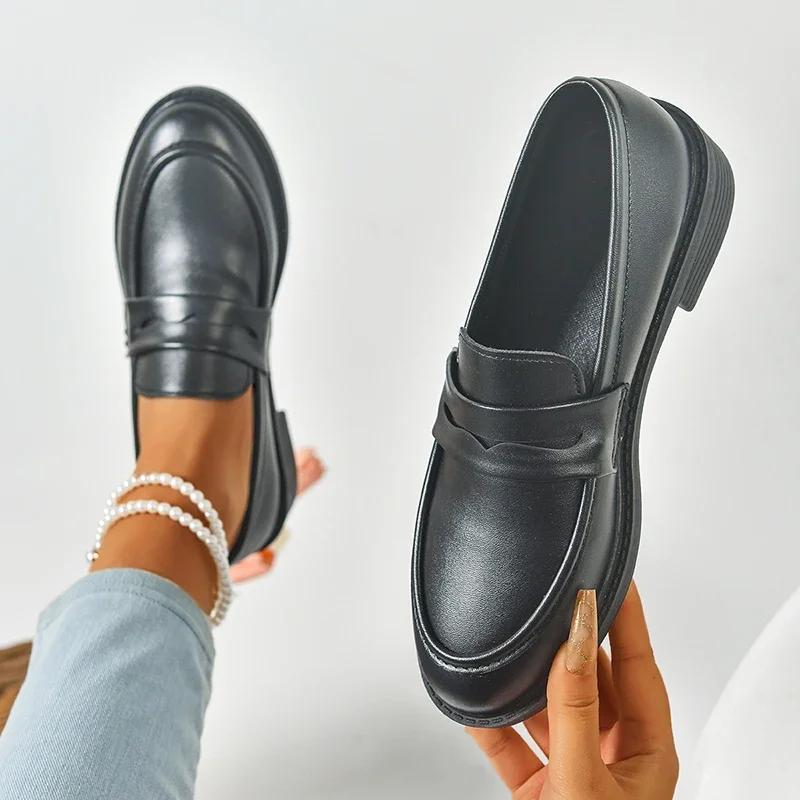 Fashion Women' S Fashion Pointed Toe Pu Leather Loafers Retro Thick Sole Square Pumps for Ladies 2025 Outwear Platform Shoes Mujer