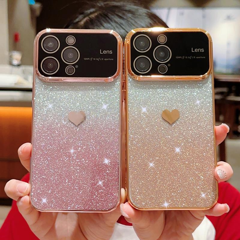 Luxury Plating Heart Love Bumper Flash Gradual Phone Case For iPhone 14 13 12 11 Pro Max Lens Protector On 14 Plus Glitter Cover