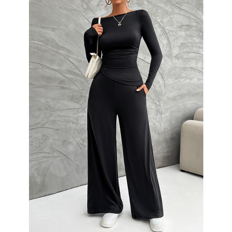 Autumn and Winter Women's Clothing Y2K Slim Long Sleeve Top Wide-leg Trousers Set