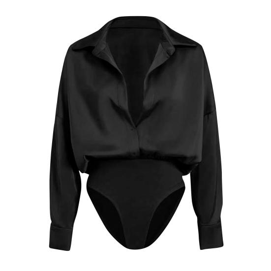 Women s Office Blouse Bodysuit Top Button Down Lapel Long Sleeve One Piece Work Shirt Casual Loose Fit Business Tops S