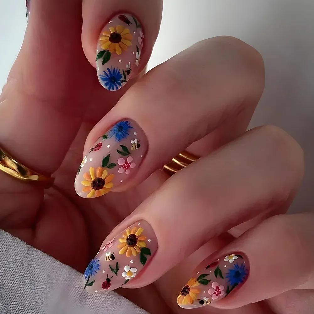 24Pcs Autumn Winter Matte Almond False Nails with Glue Rose Leaf Printing Nail Art Simple Full Cover Press On Acrylic Nails Tips