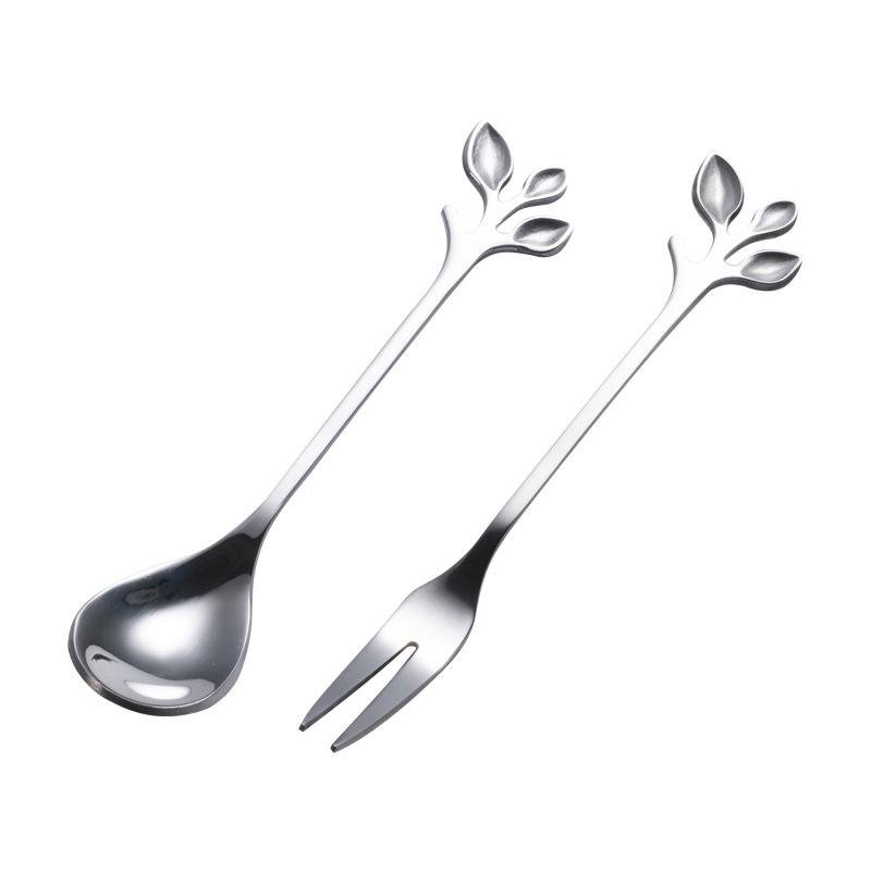HANYANG Obstgabel aus Edelstahl, goldene Blätter, kreativer Gabellöffel aus Edelstahl, bunter Kaffeerührlöffel