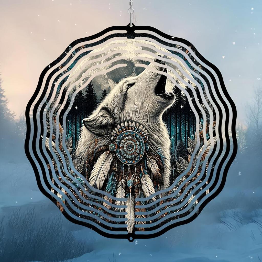 Howling Wolf Wind Spinner 10 Inch 2D Laser Cut Metal Art Decor 360 Rotating Hook for Outdoor Indoor Garden Yard Rustic Home Gift