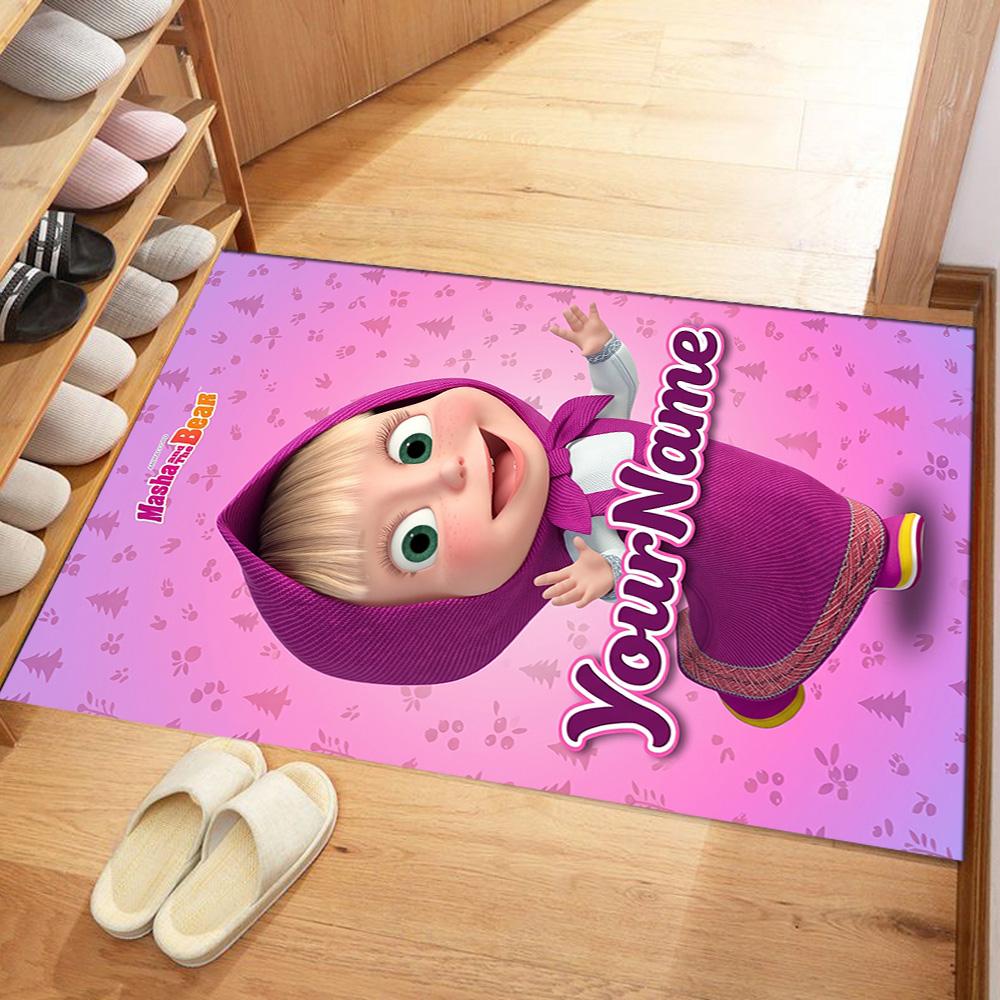 Masha Bear Customizable Name Floor Mat Design for Hallway Playrooms Entryway Outdoor Anti-slip Rug Anime Office Decor Best for Christmas